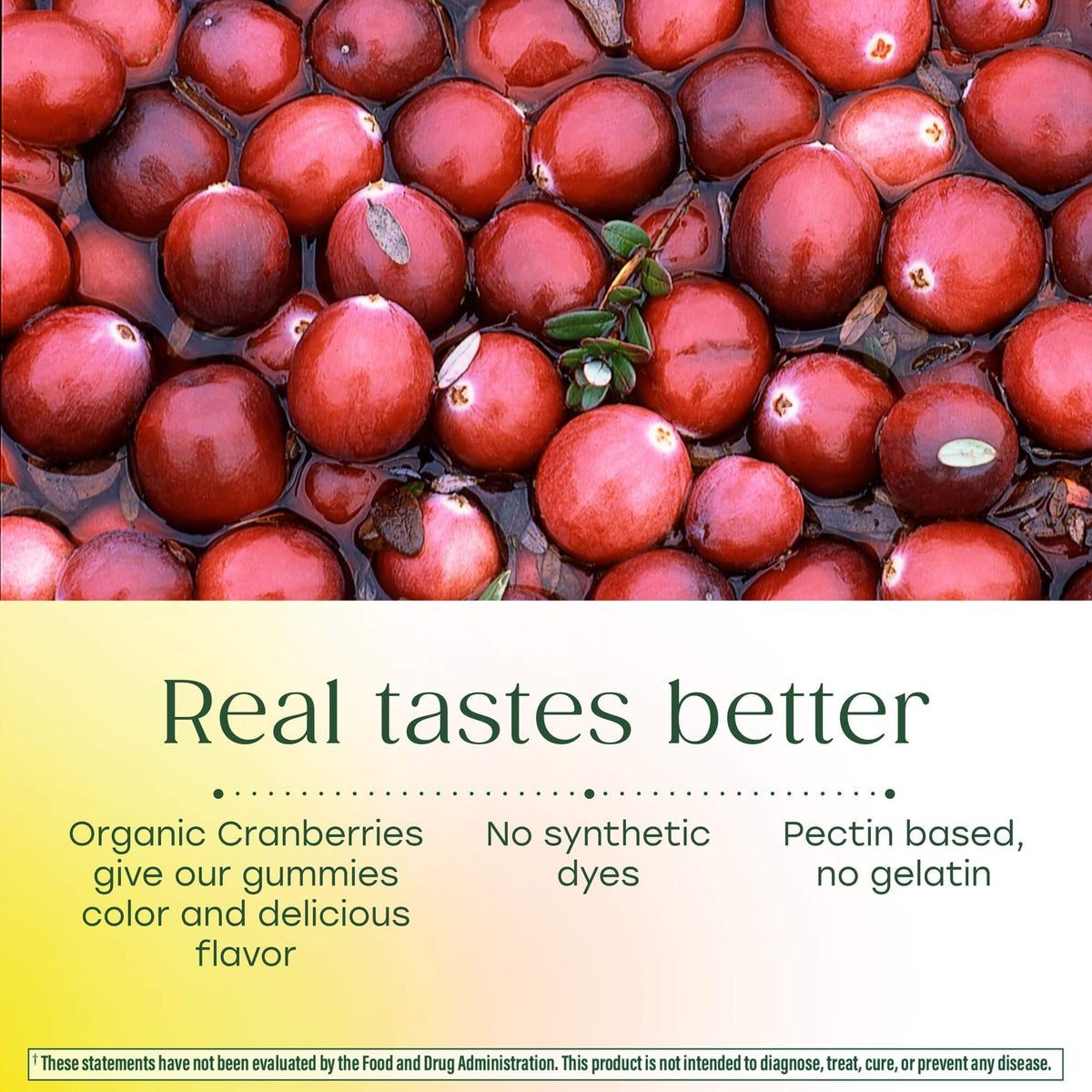 Real tastes better. Organic cranberries give color and delicious flavor. No synthetic dyes. Pectin based, no gelatin.