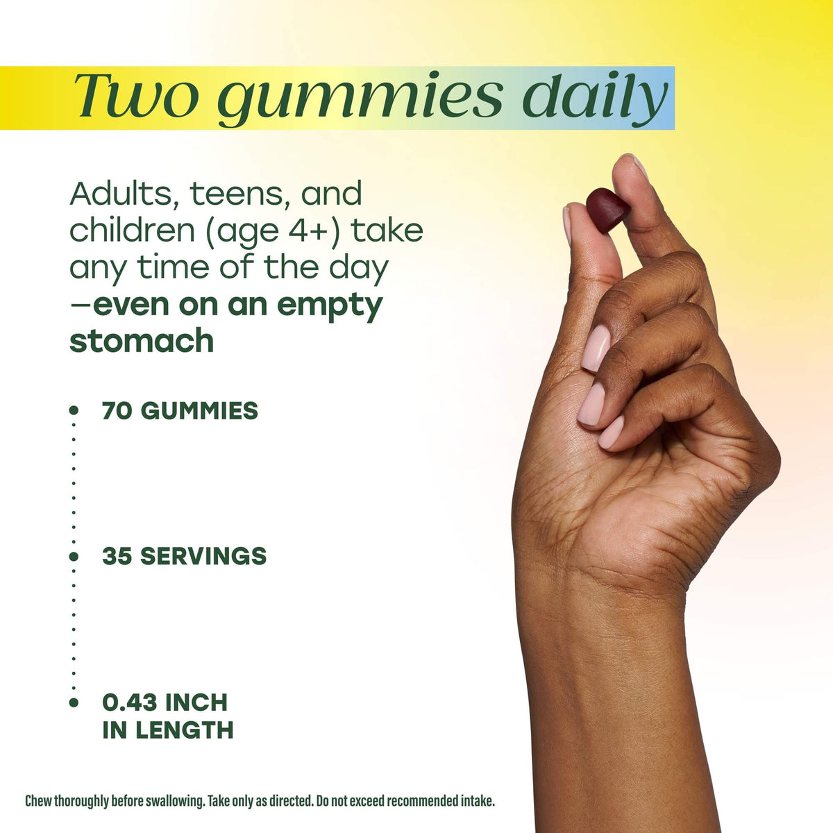 Take two gummies daily. Container contains 70 gummies, 35 servings.
