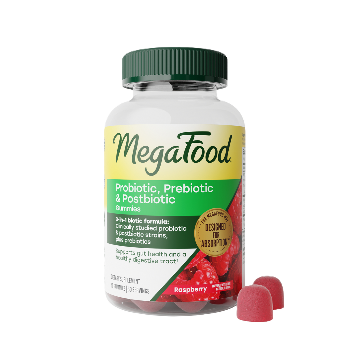 Probiotic, Prebiotic & Postbiotic Gummies. Supports gut health and a healthy digestive tract. Front of bottle
