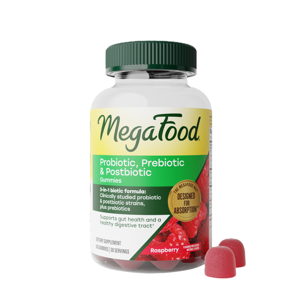 Probiotic, Prebiotic & Postbiotic Gummies. Supports gut health and a healthy digestive tract. Front of bottle
