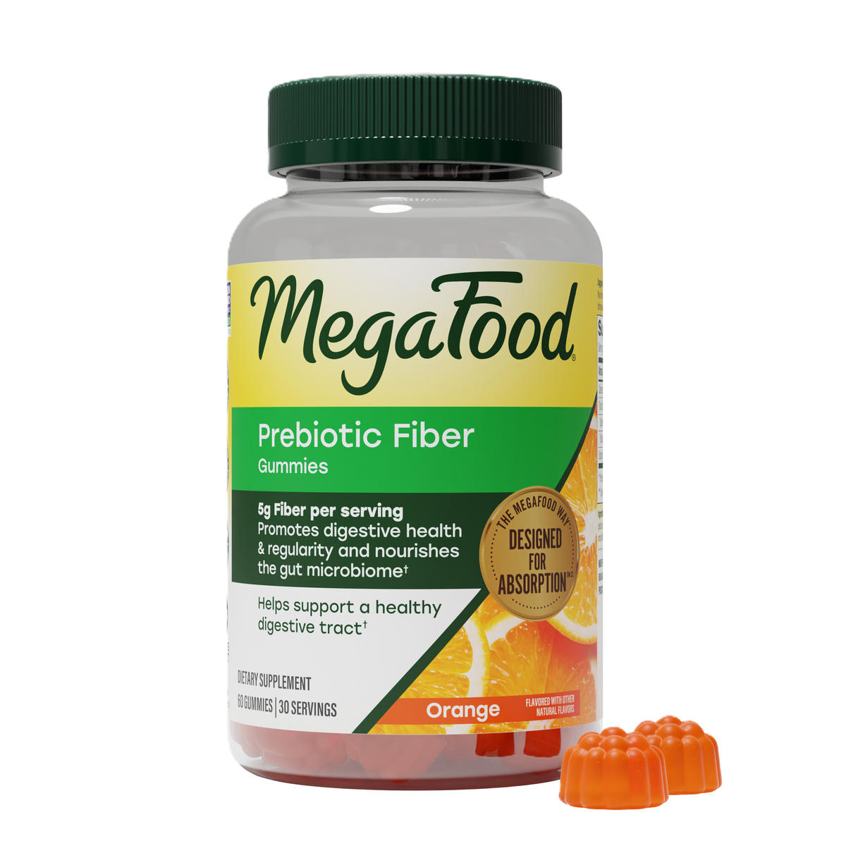 Prebiotic Fiber Gummies. Front of bottle. 5g of Fiber per serving. Promotes digestive health & regularity and nourishes the gut microbiome.