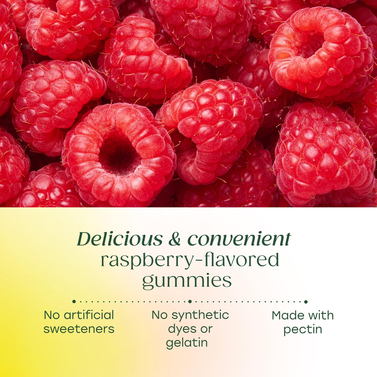 Delicious & convenient raspberry-flavored gummies. No artificial sweeteners, no synthetic dyes or gelatin, made with pectin.