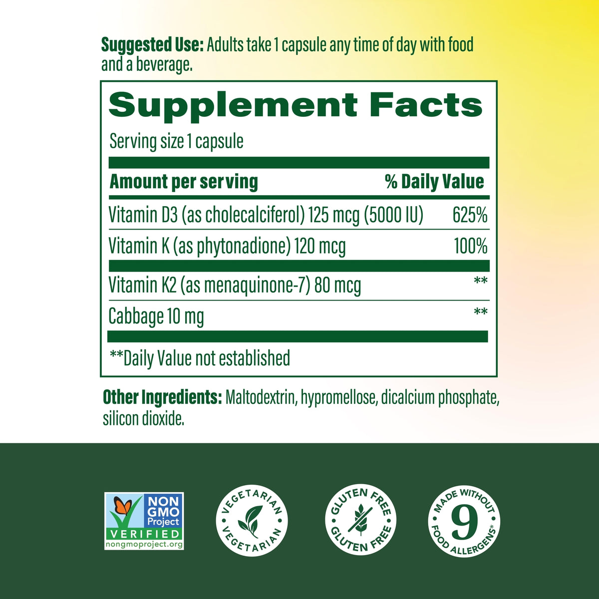 Vitamin D3 5000 IU (125 mcg) plus K & K2