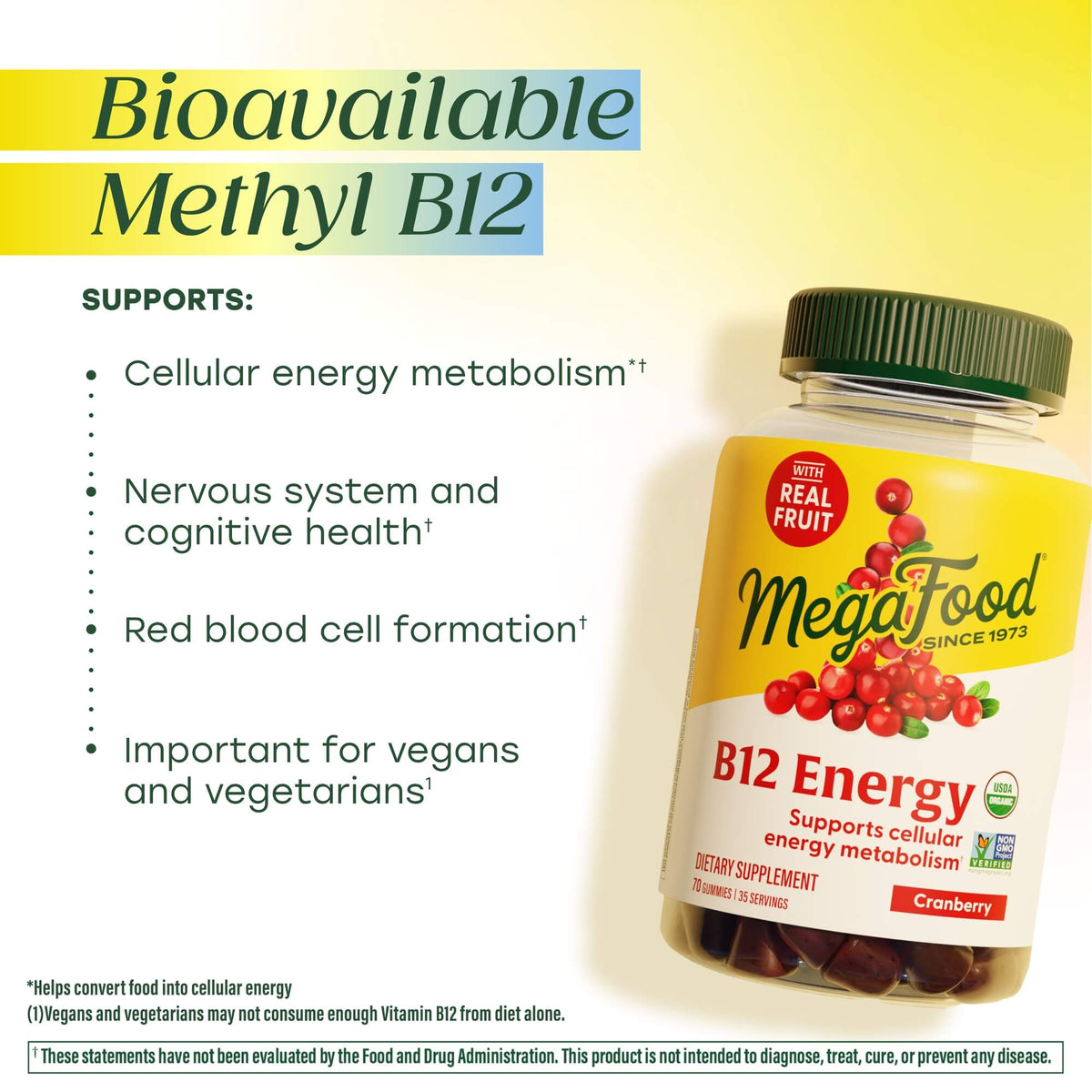 Bioavailable methyl B12 supports energy metabolism, nervous system and cognitive health, and red blood cell formation. Important for vegans and vegetarians.